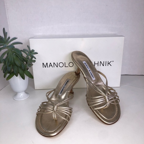 Authentic Manolo Blahnik Gold Venni Sandals Slide